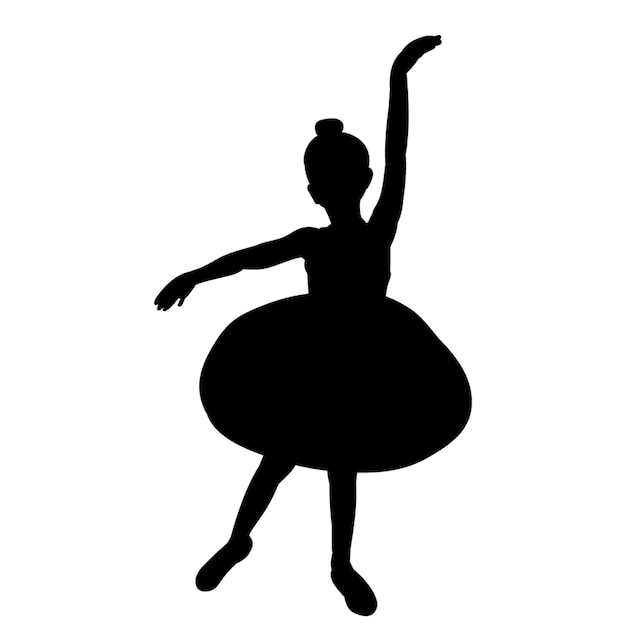 Silhouette of a young ballerina in a classic ballet pose, wearing a tutu and pointe shoes, arms gracefully extended.