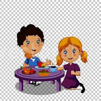 Two smiling cartoon children sharing a healthy meal at a small purple table with fruits and vegetables.