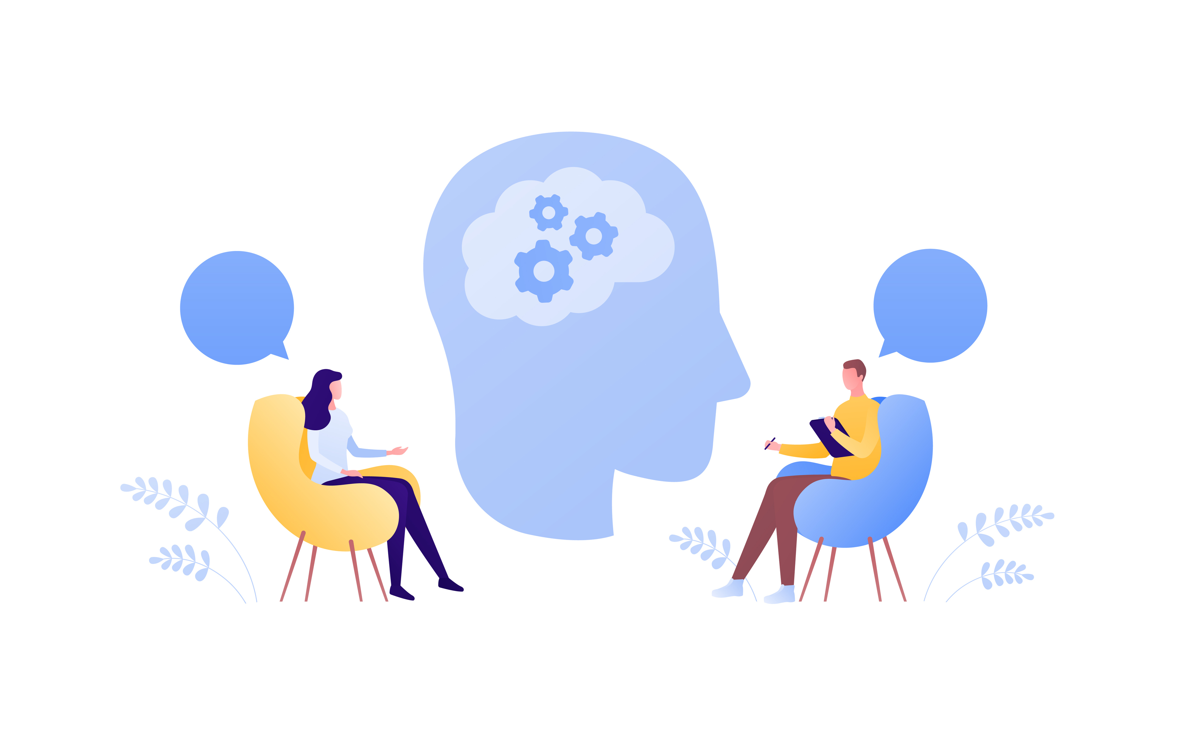 Two people in therapy session with a large head silhouette showing gears inside, symbolizing mental processing and counseling.