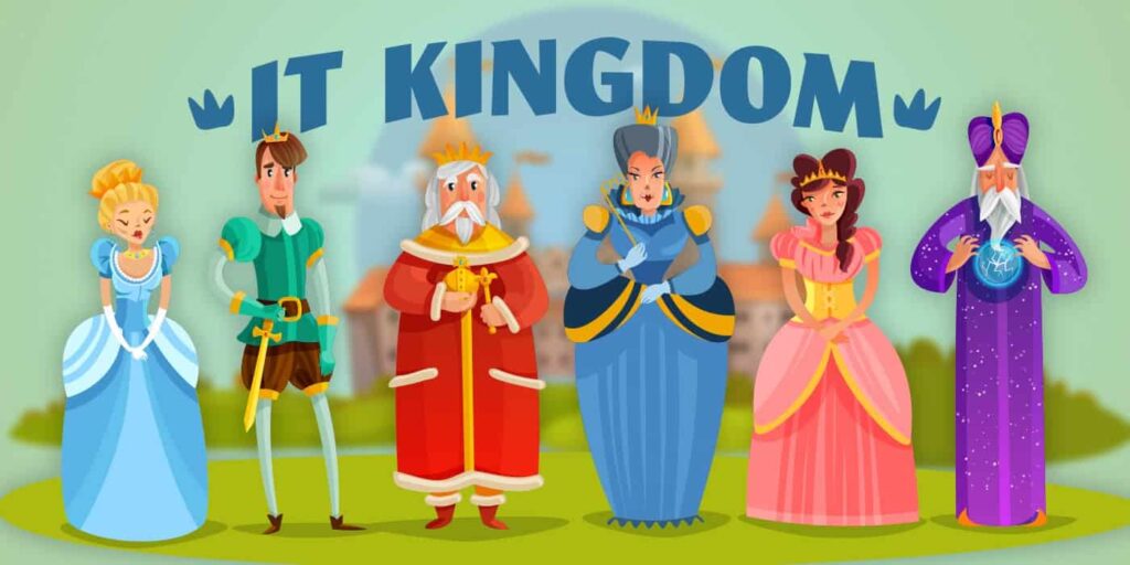 Six cartoon royal characters-princess, knight, king, queen, princess, wizard-stand before a castle under "IT KINGDOM" title.