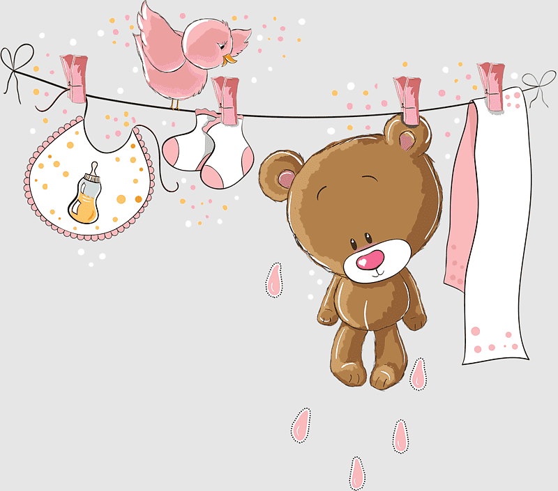 A cute brown teddy bear stands under a clothesline with baby items-bib, socks, towel-and a pink bird perched above, all in soft pastel tones.