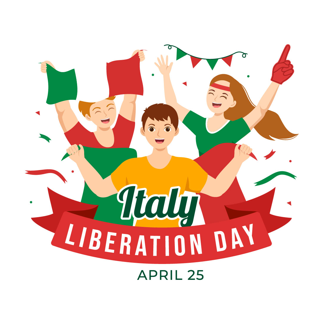 Celebrating Italy Liberation Day on April 25 with joyful people waving Italian flags and festive banners.