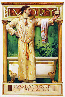 Vintage 1920s Ivory Soap advertisement featuring a man in a patterned robe beside a bathtub, with "IVORY SOAP IT FLOATS" slogan.