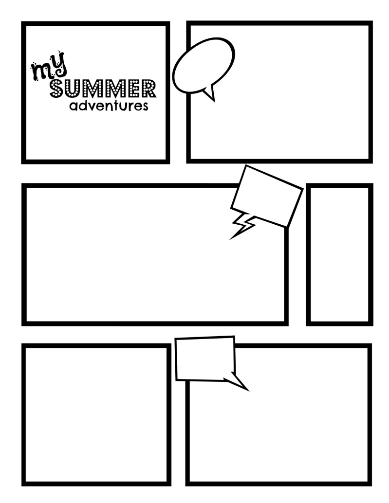 Black-and-white comic-style layout titled "My Summer Adventures" with speech bubbles and blank panels for storytelling.