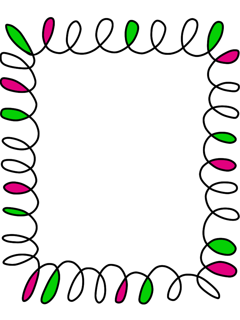 Abstract border of alternating green and pink leaf-shaped elements on black background.