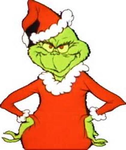 The Grinch in a red Santa suit and hat, arms crossed, with a grumpy expression.