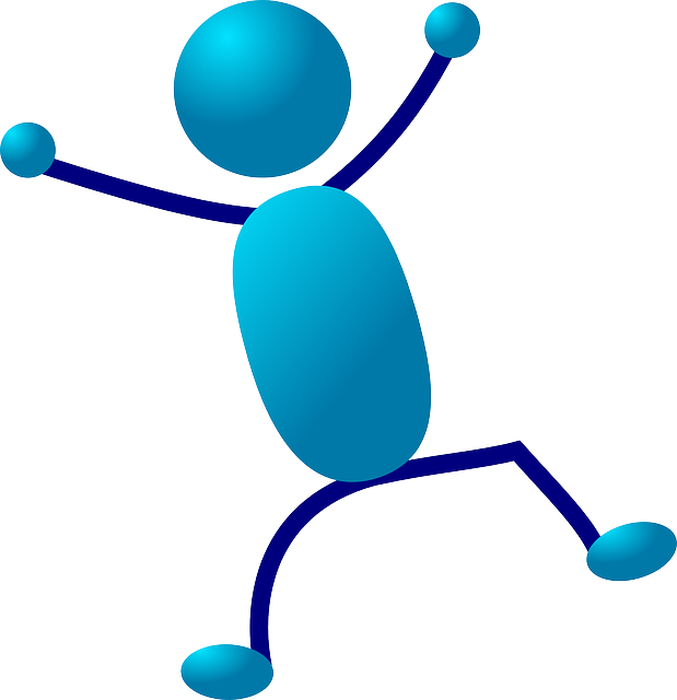Blue stick figure in dynamic running pose with gradient spheres for head, torso, and limbs.