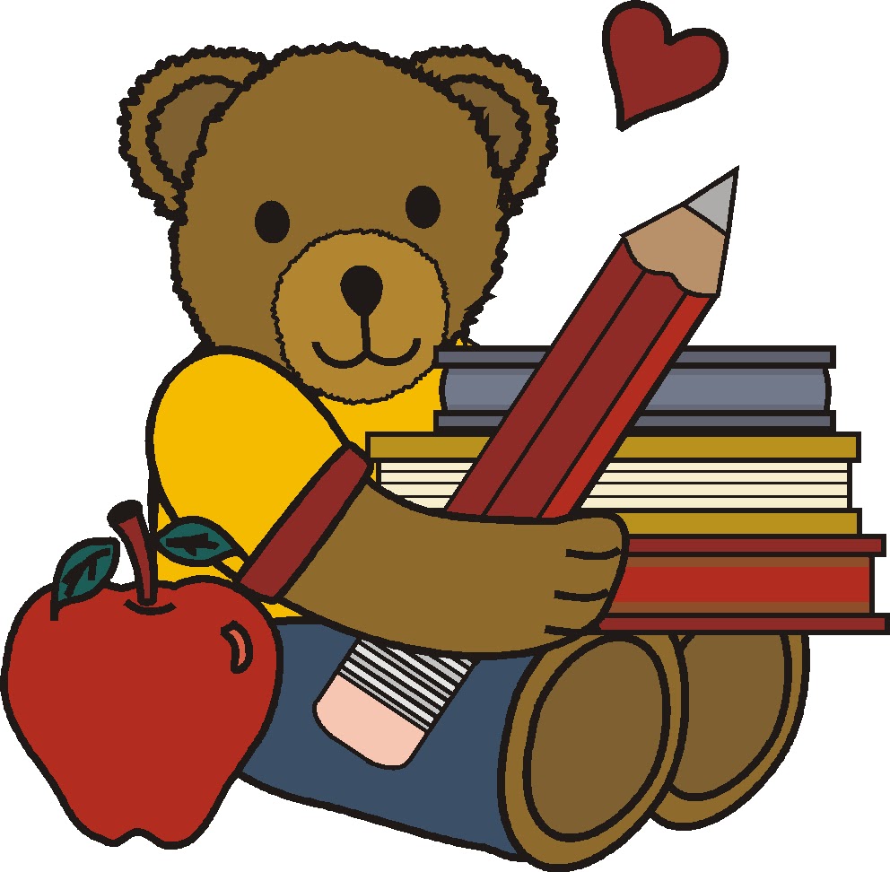 A smiling teddy bear in a yellow shirt holds a giant pencil and stack of books, with a red apple and heart nearby.