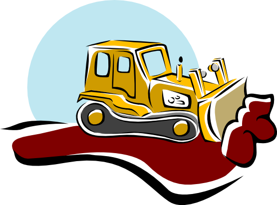 Yellow bulldozer pushing red earth with blue sky background, stylized illustration.