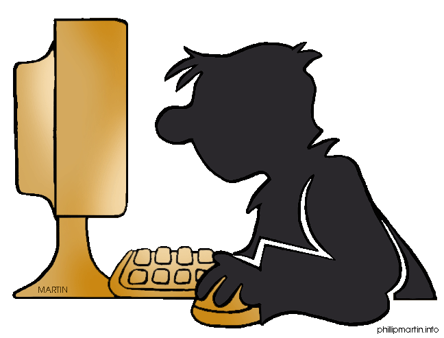 Silhouette of a person typing at a vintage-style computer with golden monitor and keyboard, labeled "MARTIN".