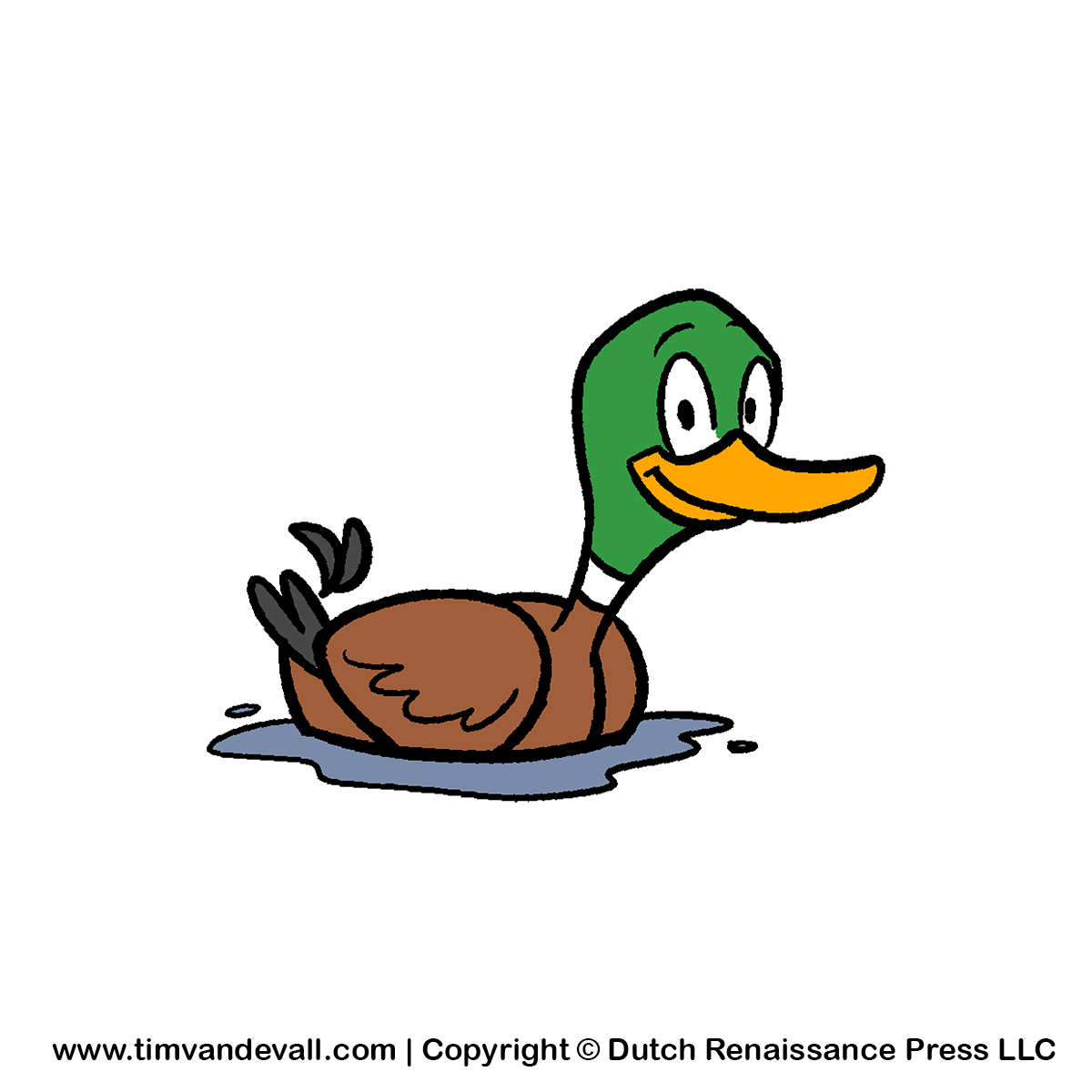 Cartoon mallard duck with green head, orange beak, and brown body floating in a small puddle.