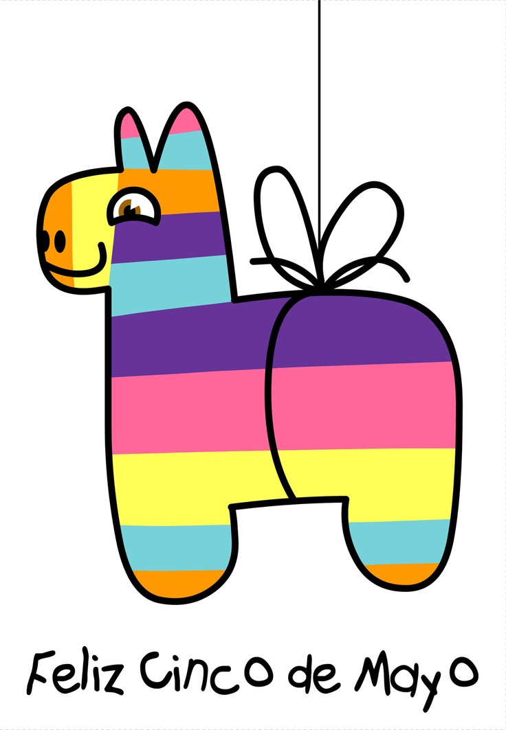 Colorful striped donkey piñata hanging with "Feliz Cinco de Mayo" text below.