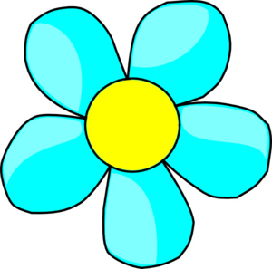 Bright cartoon-style flower with six light blue petals and a yellow center on black background.