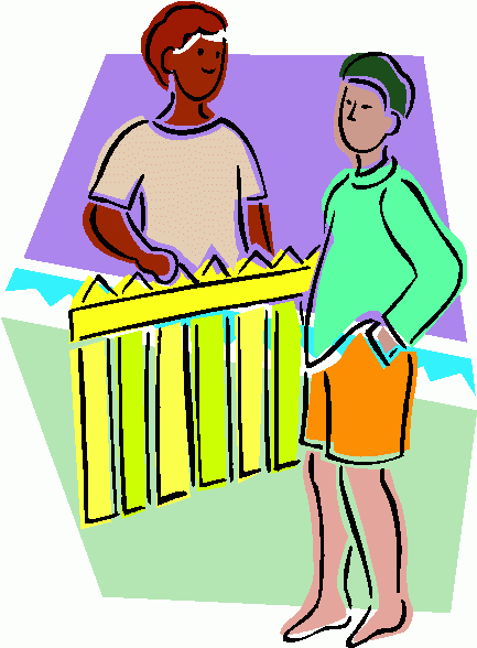 Two diverse individuals conversing over a yellow picket fence in a stylized illustration.