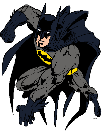 Batman in classic gray and black suit with yellow bat emblem, crouching dynamically against gray background.