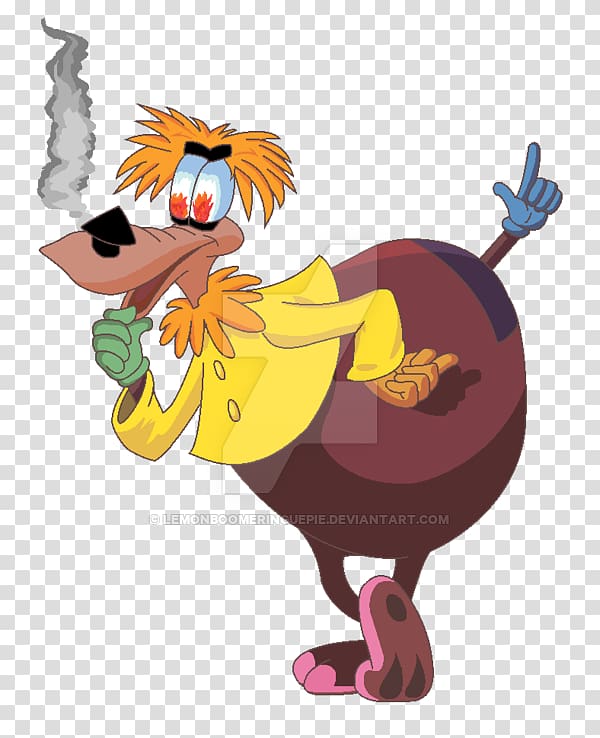 Cartoon duck with wild orange hair, smoking a pipe, wearing yellow jacket and blue glove, pointing upward.