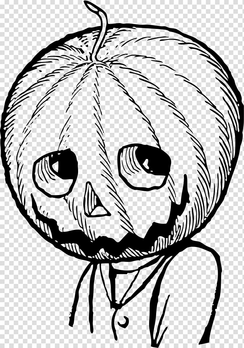 Black-and-white line drawing of a sad, carved pumpkin head with hollow eyes and jagged mouth, wearing a shirt and tie.