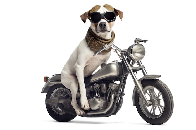 A stylish Jack Russell Terrier wearing sunglasses and a bandana, seated confidently on a classic chrome motorcycle against a white background.