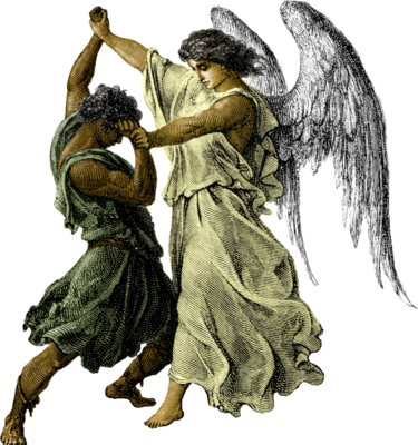 Angel in flowing robes wrestling with a muscular man in ancient attire, symbolizing spiritual struggle or divine intervention.
