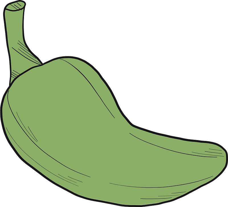 A stylized illustration of a green chili pepper with a curved shape and visible stem against a muted blue-gray background.