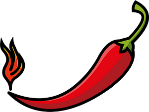 A vibrant red chili pepper with a green stem and a flame icon indicating spiciness, on a green background.