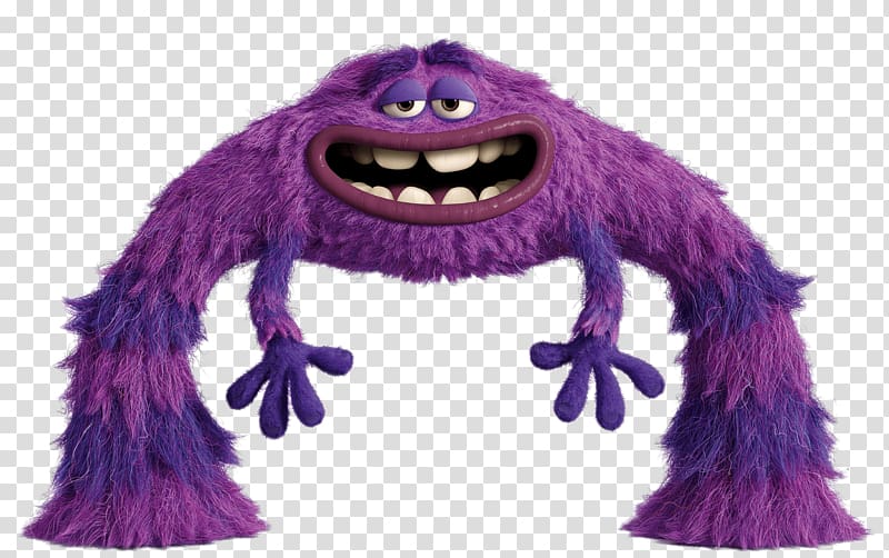 Purple furry monster with wide grin, large eyes, and four limbs in a playful pose against transparent background.