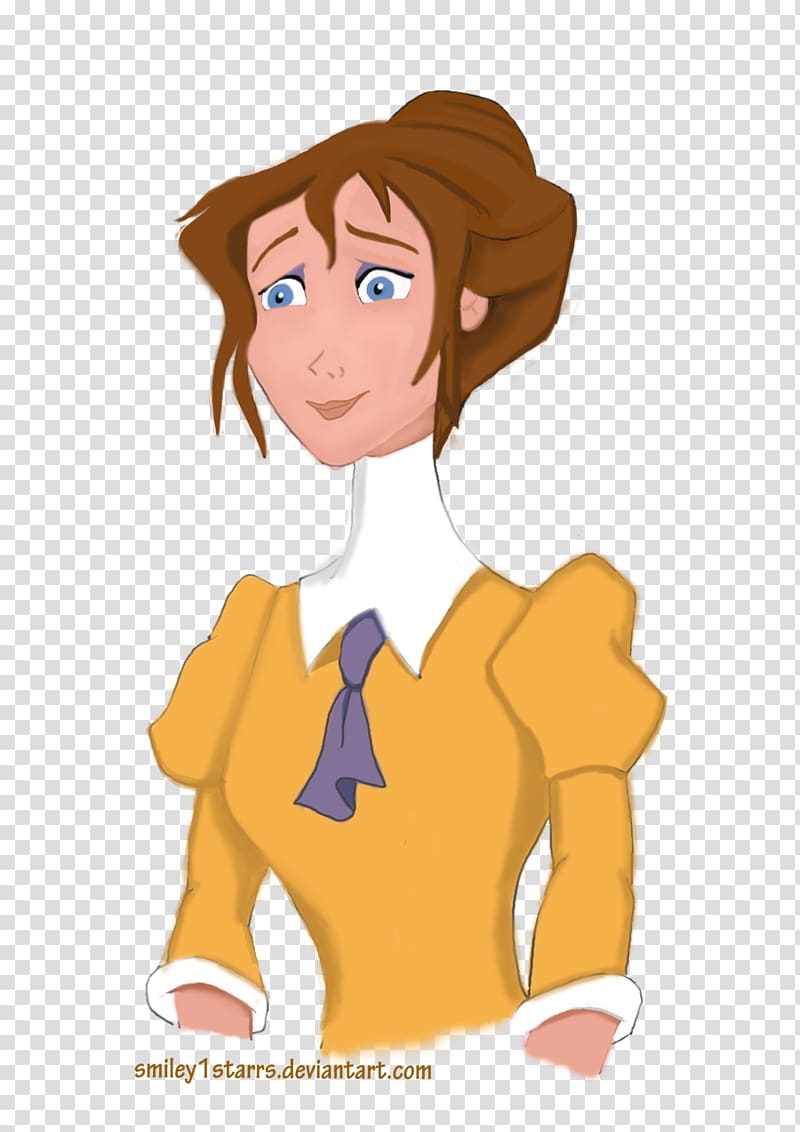 Animated-style woman with brown hair in bun, blue eyes, wearing yellow blouse with white collar and purple tie.