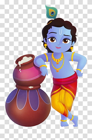 Blue-skinned child Krishna with peacock feather, holding a pot of butter, smiling playfully.
