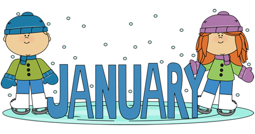 Two cartoon children in winter gear ice skating beside the word "JANUARY" with falling snowflakes.