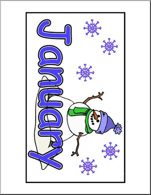 January-themed illustration with a cheerful snowman, purple snowflakes, and bold blue vertical text reading "January".