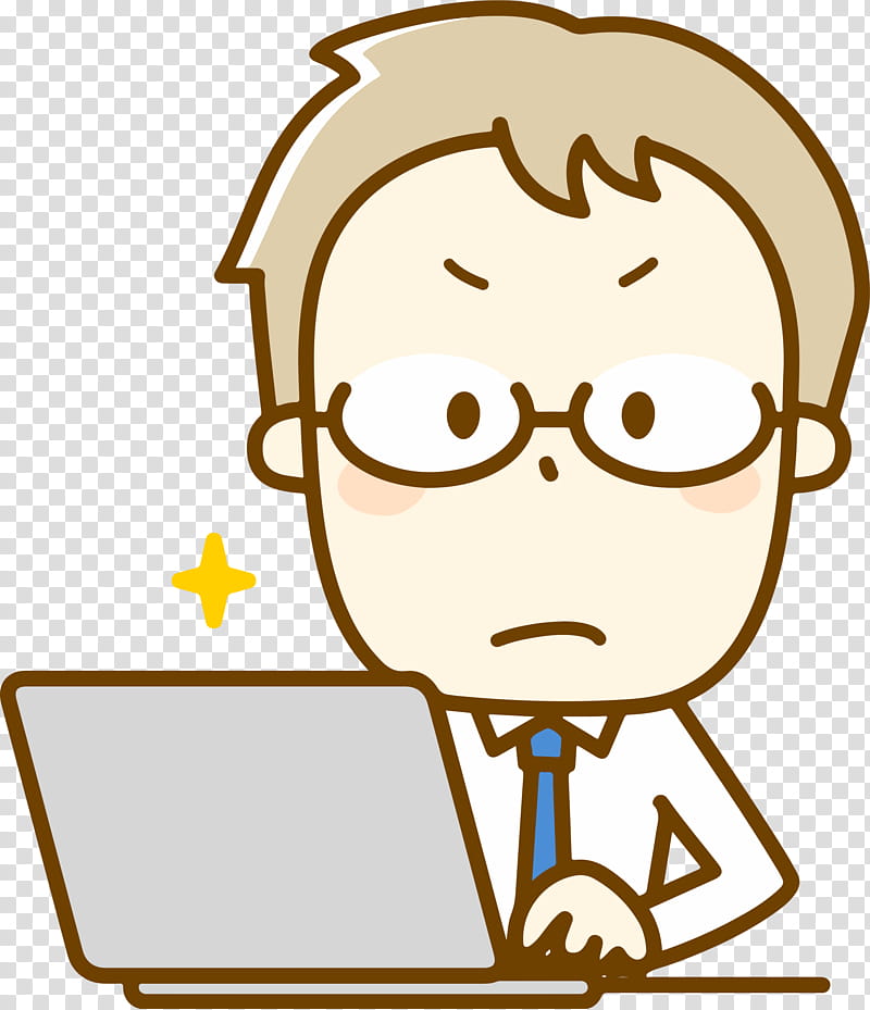 Cartoon man with glasses and tie looking focused at laptop, yellow sparkle nearby.