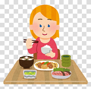 A smiling girl with blonde hair eats a Japanese-style meal using chopsticks, with rice, miso soup, grilled fish, and pickles on the table.
