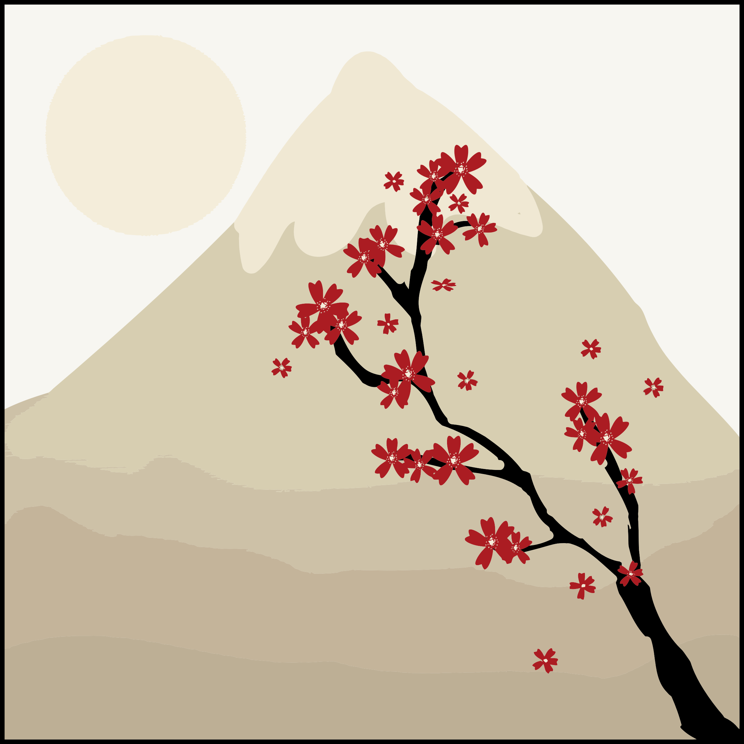 Stylized cherry blossom tree with red flowers against a snow-capped mountain and pale sun.