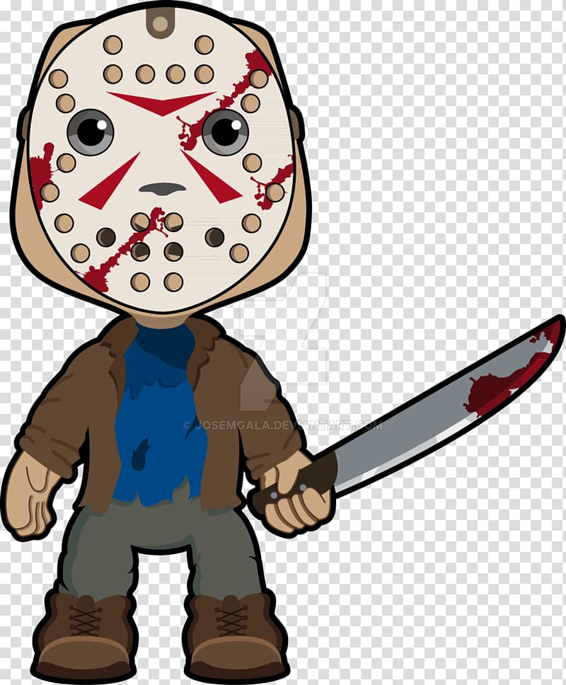 Cartoon Jason Voorhees in hockey mask holding bloodied machete, stylized chibi design.