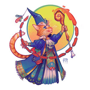 A whimsical anthropomorphic cat wizard in a blue robe and pointed hat, wielding a sausage-shaped staff with floating sausages and a dragonfly.