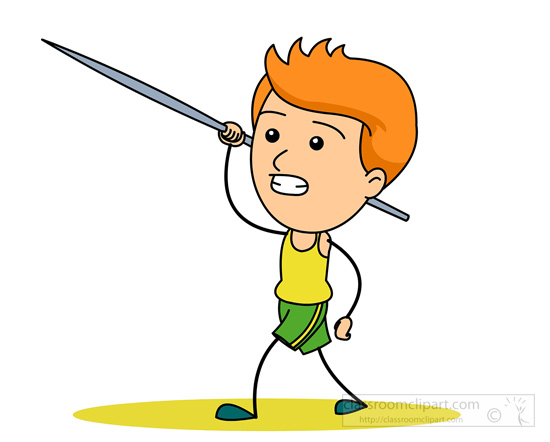 Cartoon boy with orange hair throwing a javelin in athletic stance on yellow ground.