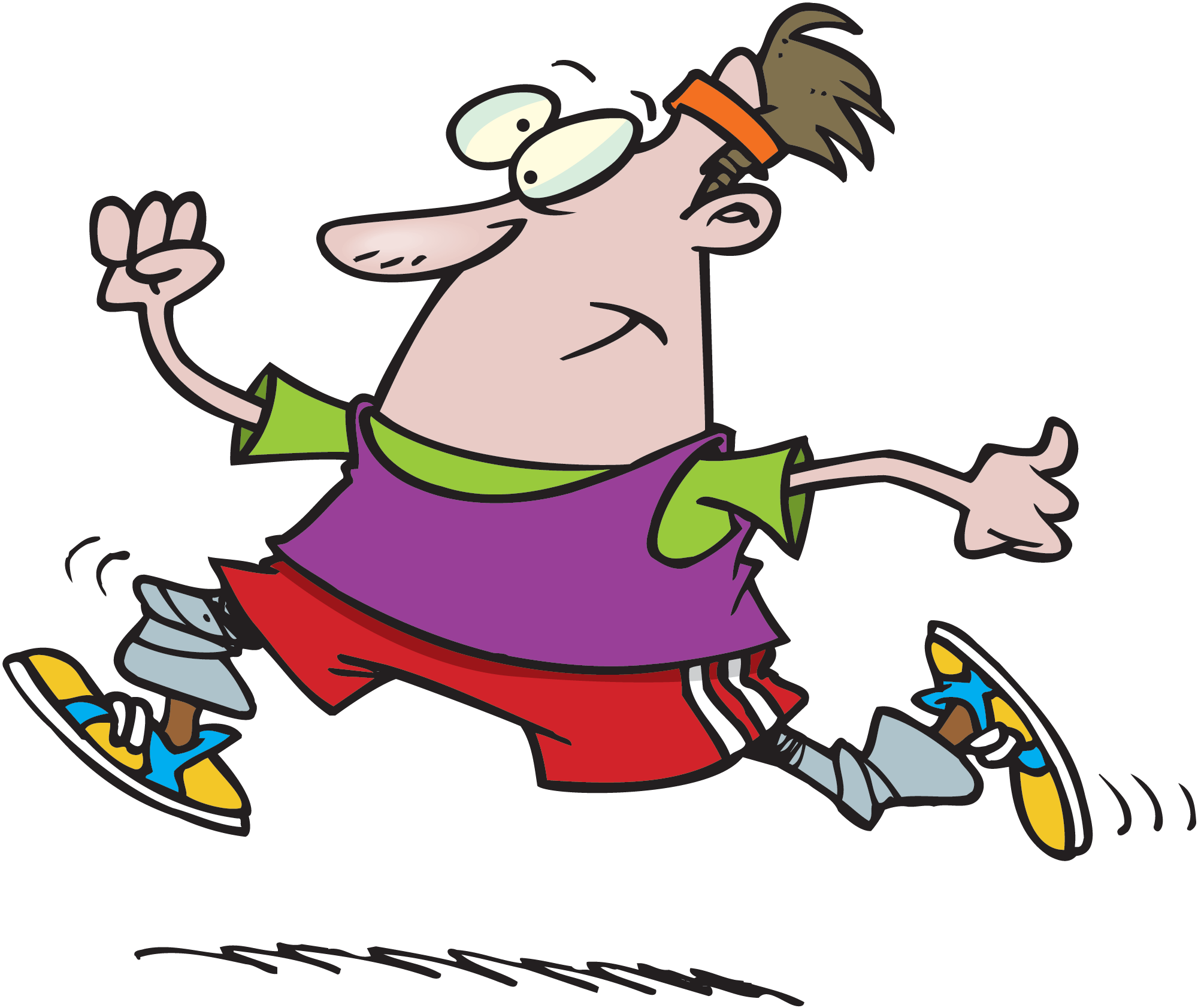 Cartoon man in athletic gear running with exaggerated motion and determined expression.
