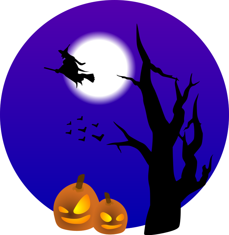 Spooky Halloween Night Scene with Witch, Pumpkins, and Moon