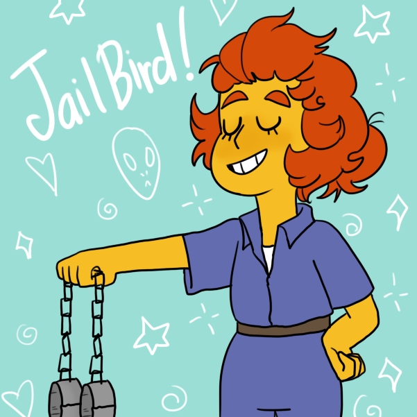 A cheerful orange-haired cartoon character in a blue uniform holds up shackled ankles, with "JailBird!" written above.