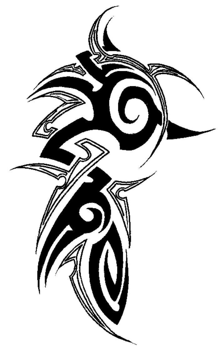Black-and-white tribal-style tattoo design featuring spirals, sharp curves, and symmetrical motifs resembling a stylized animal or spirit figure.