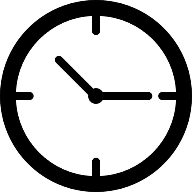 Minimalist black-and-white clock icon showing approximately 10:15 with four cardinal markers.