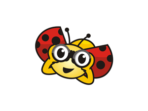 Cheerful cartoon ladybug wearing binoculars, smiling with red spotted wings and yellow body.
