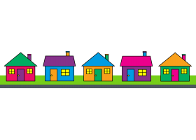 Five colorful cartoon-style houses in a row on green grass against a black background.