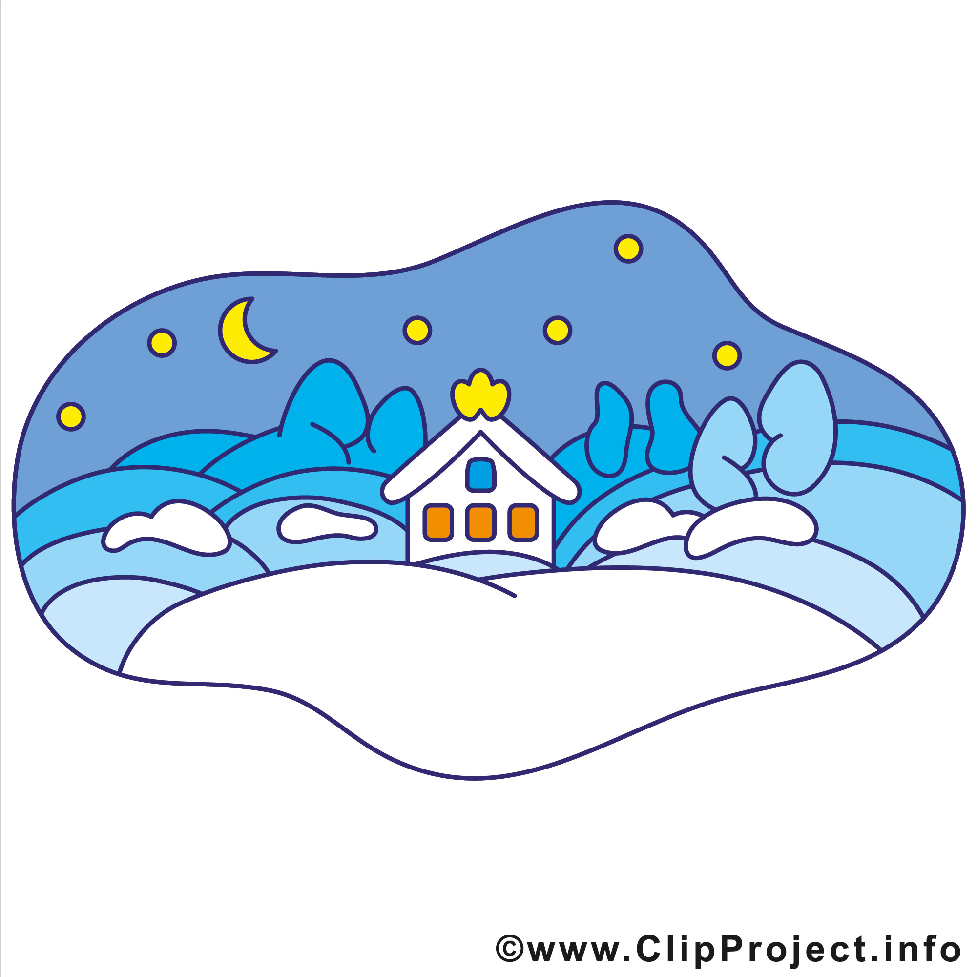 Cozy snow-covered house under a starry night sky with crescent moon and trees.