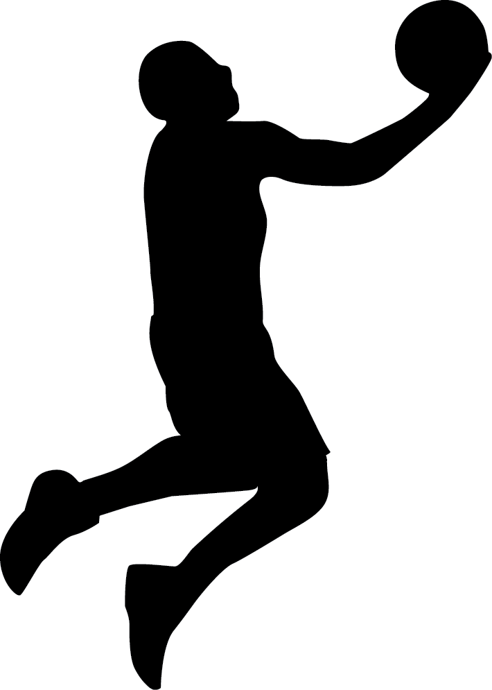 Silhouette of a basketball player mid-air, shooting or dunking the ball with right hand extended.