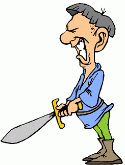 Angry cartoon man in blue robe wielding a large sword, grimacing fiercely.