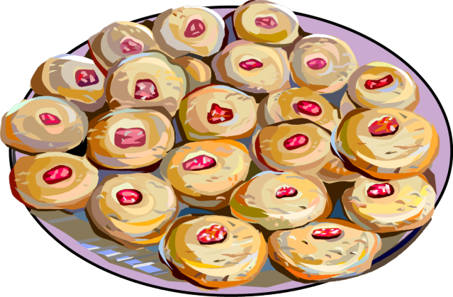A colorful illustration of round shortbread cookies with red jam centers, piled on a purple plate.