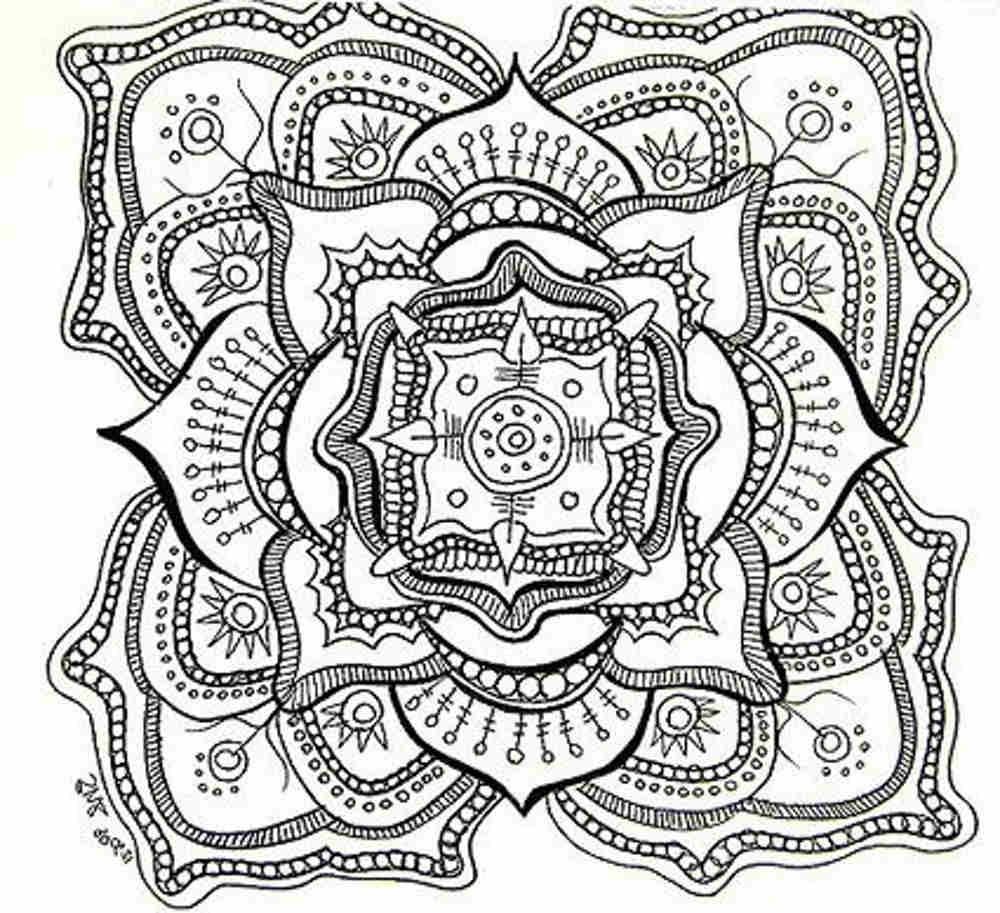 Intricate black-and-white mandala coloring page with symmetrical floral and geometric patterns, ideal for relaxation and creativity.