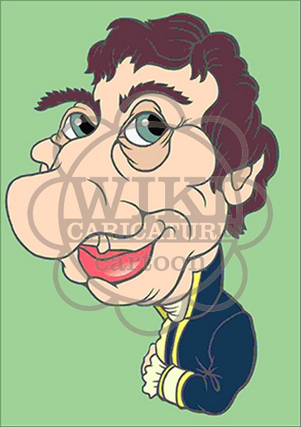 Caricature of a man with exaggerated facial features, curly dark hair, large eyes, and a wide smile, wearing a formal blue jacket.