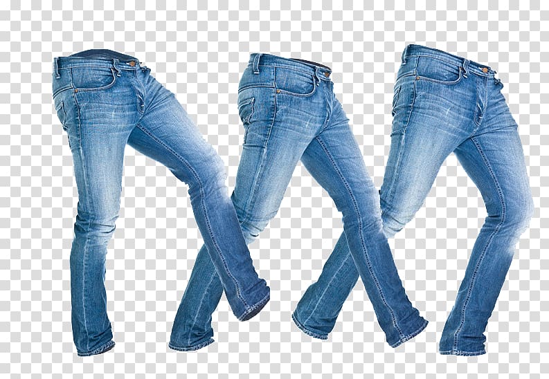 Three pairs of blue jeans in walking pose, isolated on transparent background.